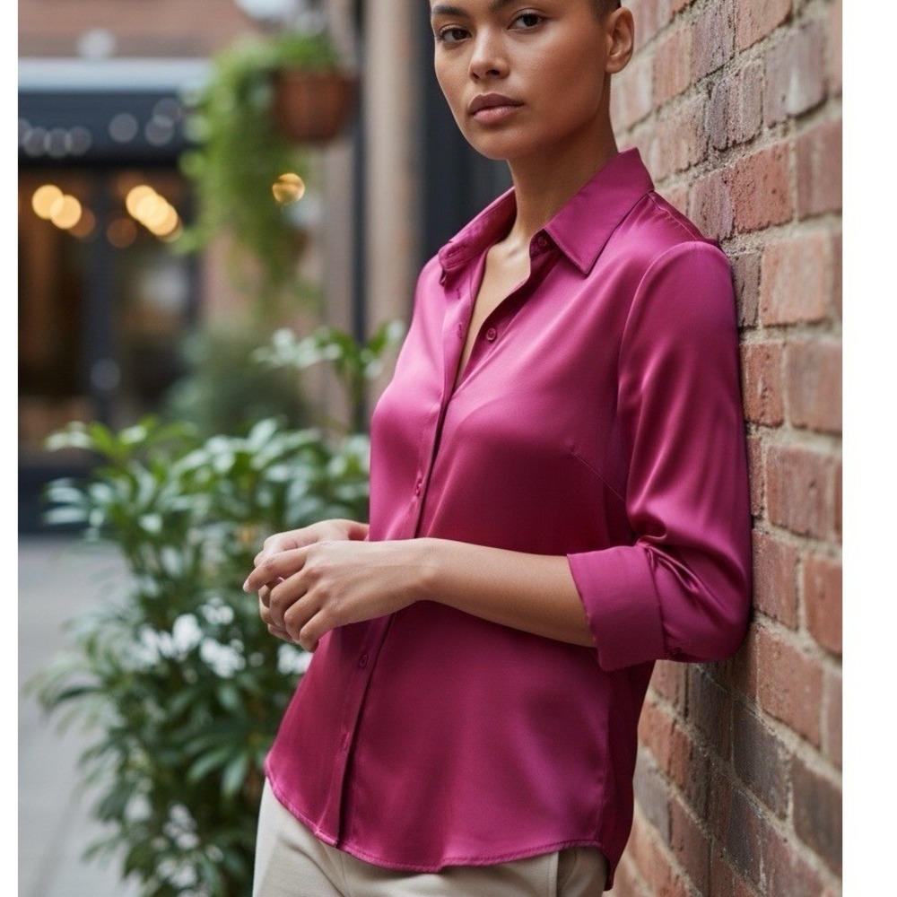 Banana Republic No Iron‎ FUCHSIA Fitted Button Up Shirt Womens Size 6 Long Slv